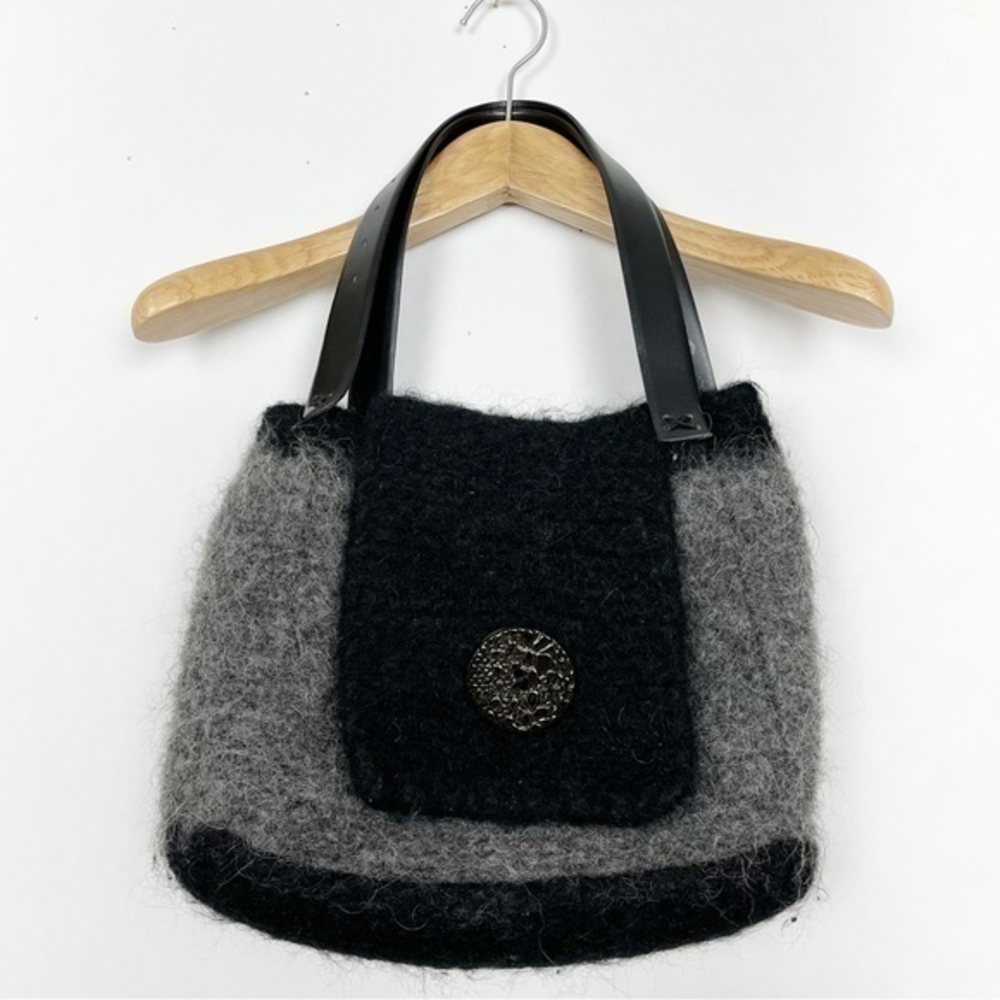 Refashioned Upcycled Black and Grey Wool Shoulder Bag Leather Belt Strap